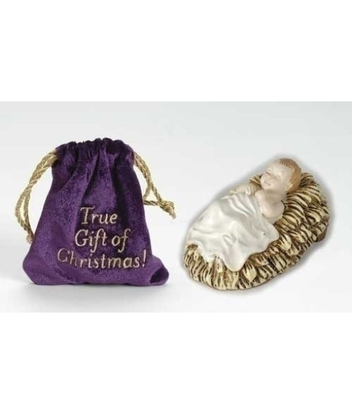 Figurine of Infant Jesus in Manger, in velour gift bag, measures 4