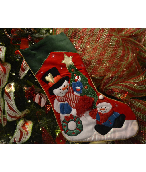 Chaussette de Noël, Décor, Bonhomme de neige et Enfant. Mesure 19 pouces