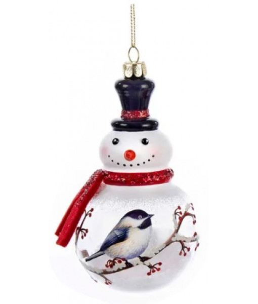 Snowman with Chickadee Glass Ornament