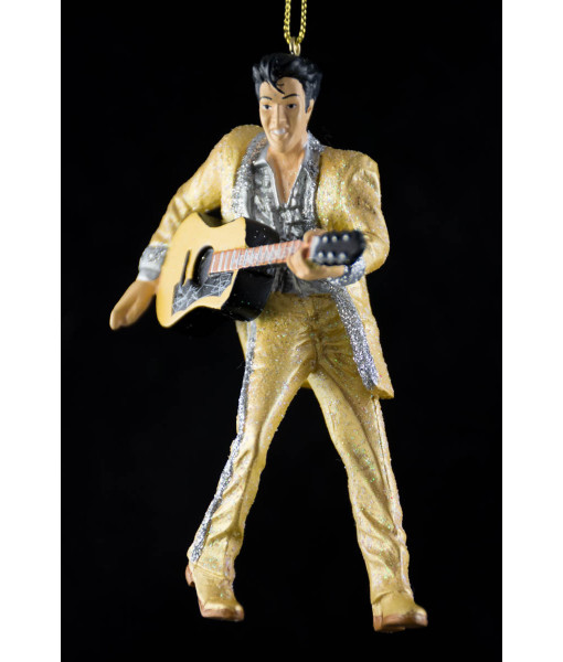 Ornement en résine, Elvis Presley® en costume doré avec guitare.