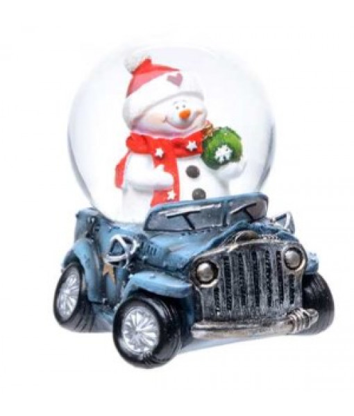 Snowman with Blue Car Mini-Snowglobe