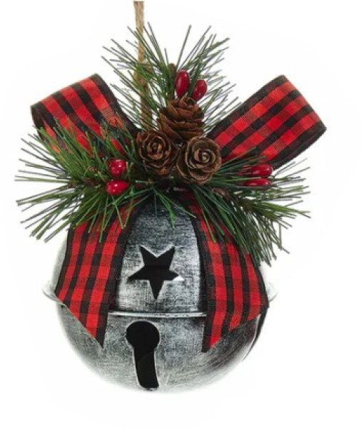 Bell Ornament with Red Plaid Ribbon