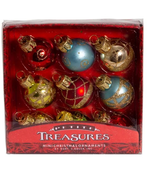 Mini Glass Ornaments, varied colours, 9 per box