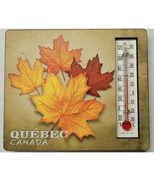 Fridge magnet/ thermometer, souvenir of Quebec, Canada. Maple leaf.