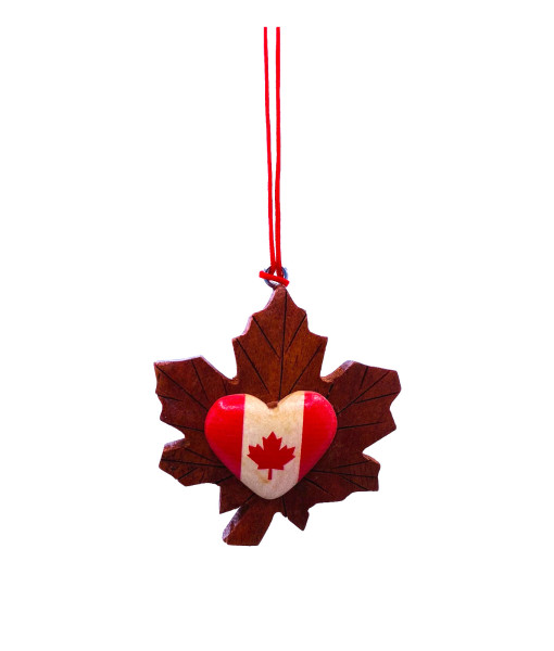 Ornament, wooden maple leaf with heart shaped Canada flag