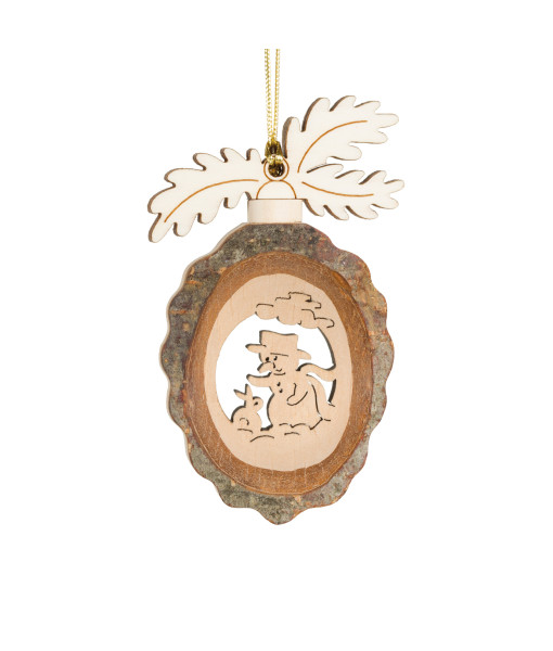 German Wooden ornament, Acorn shape with oak leaves, snowman with rabbit engraving, 9cm