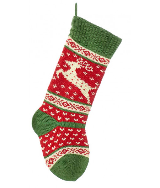 Green and Red Knit Reindeer Stocking