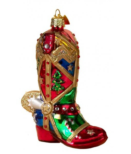 Red and Gold Western Boot Glass Ornament