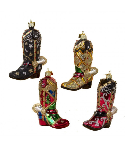Ornement en verre botte western rouge et or