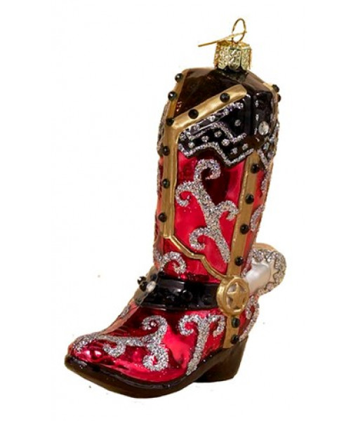 Ornement en verre botte western rouge et or