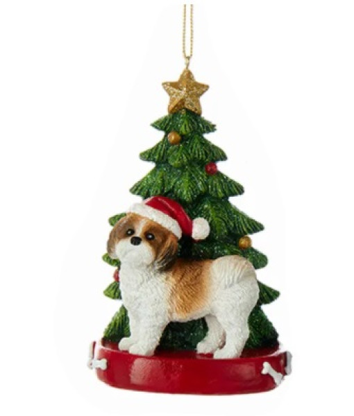 Brown Shih-Tzu ornament with Christmas tree