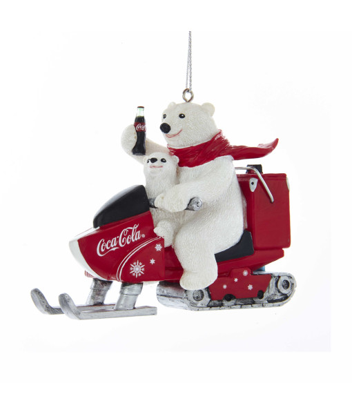 Ornement, papa ours polaire et ourson sur skidoo Coca Cola