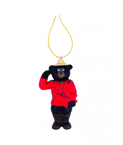 Ornament, RCMP Black Bear Saluting with Maple Leaf and Quebec
