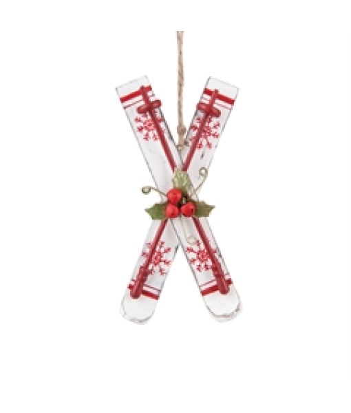 Ornement en bois, skis croisés avec motif nordique rouge