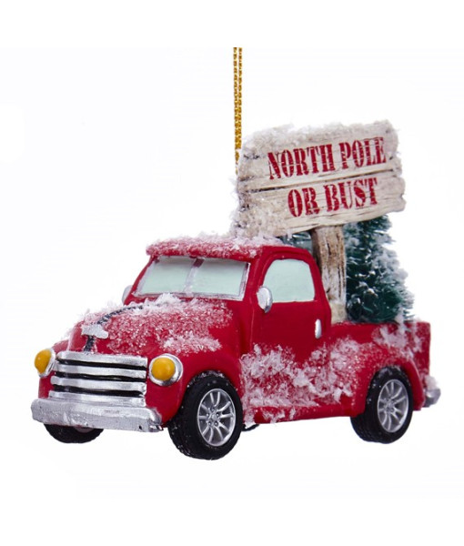 Ornement camion rouge avec affiche «North Pole or Bust»