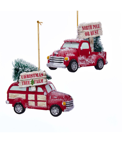 Ornement camion rouge avec affiche «Christmas Tree Farm»