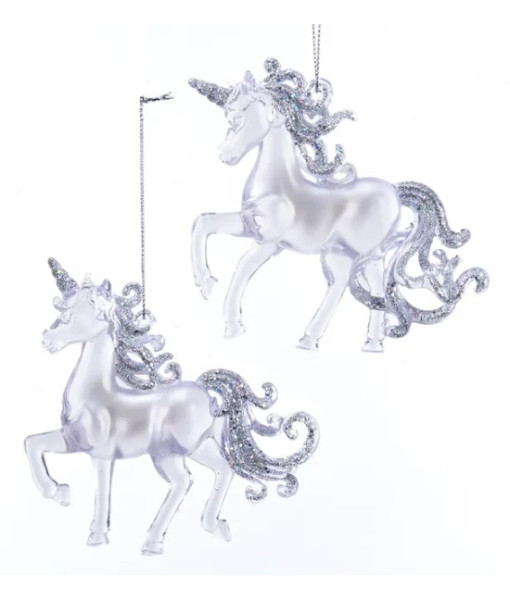 Ornament, clear acrylic unicorn, with glittering tail and mane