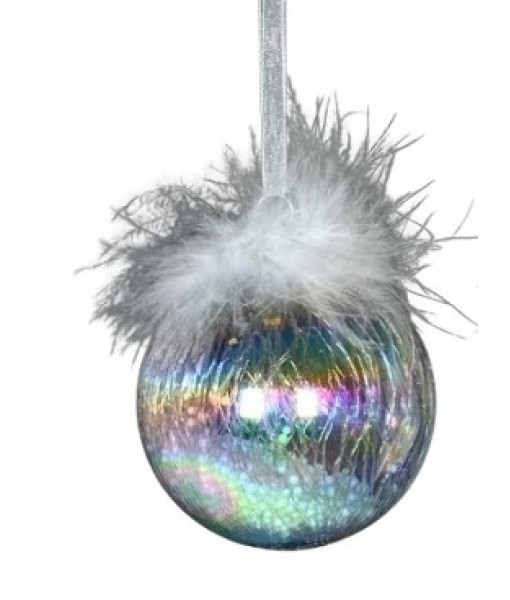 Glass Ornament, 80mm, Iris Ball with feather decoration