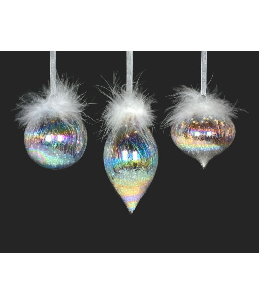 Glass Ornament, 80mm, Iris onion with feather decoration