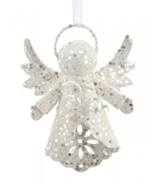 Ornament, white sparkling Angel, with her wings raised.