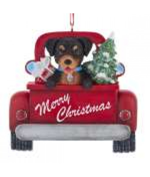 Rottweiler In Red Truck Ornament