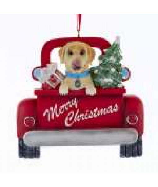 Yellow Labrador In Red Truck Ornament