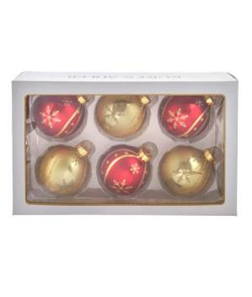 Box of 6 glass ornaments, Red and Gold
