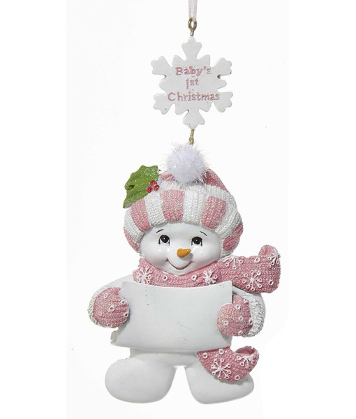 ''Baby's 1st Christmas'' Pink Snowman Ornament