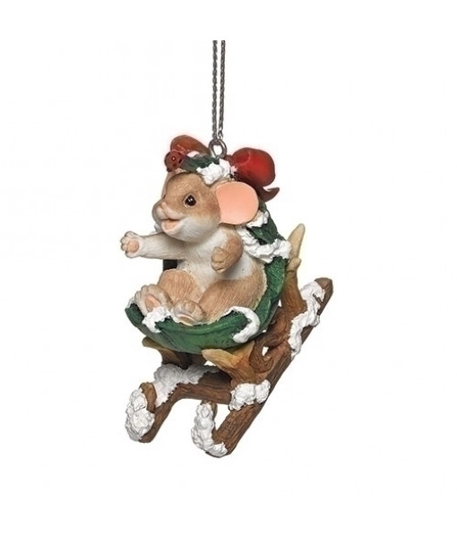 Mouse in Leaf on Sled Ornament