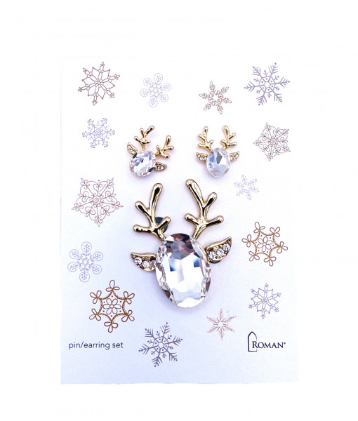 Reindeer Pin & earings/gold clear