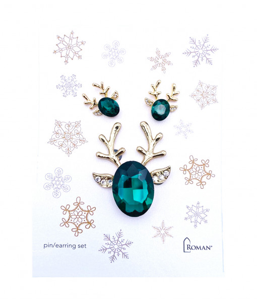 Reindeer Pin & earings/gold emerald