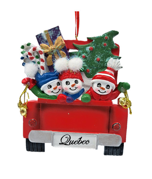 Ornament, Three Snowmen with tree, red pickup truck