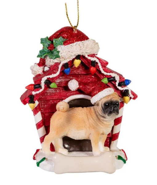 Brown Pug Ornament with Doghouse