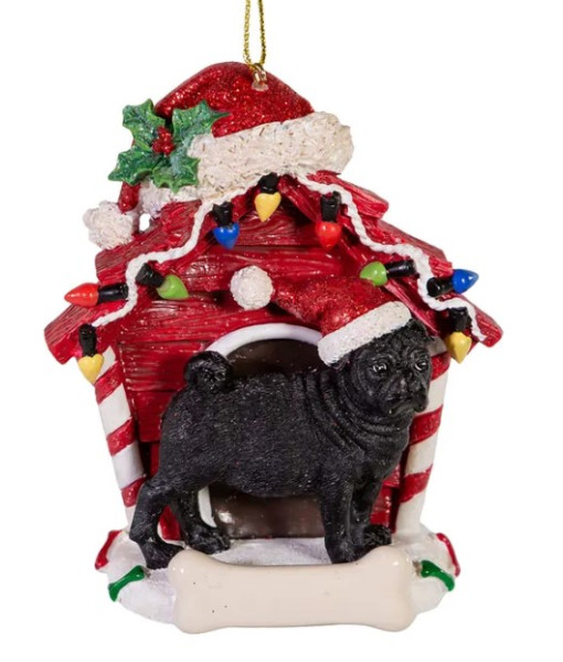 Black Pug ornament with doghouse