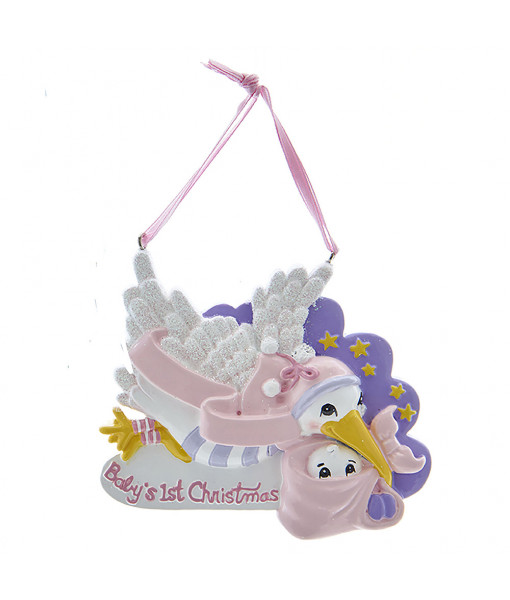 ''Baby's 1st Christmas'' Pink Stork Ornament