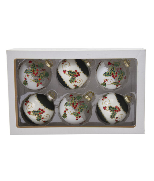 Boule en verre décorée de houx et de baies, 6 par boîte, 80 mm