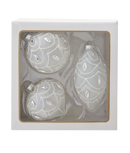 Round, Onion and Filial White Glass Balls, 80mm, Box of 3
