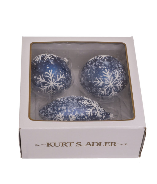 Round, Onion and Filial Blue Glass Balls, with snowflake decoration, 80mm, Box of 3