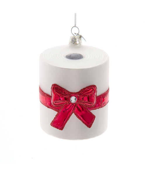 Glass ornament, roll of toilet paper with a fancy gift bow.