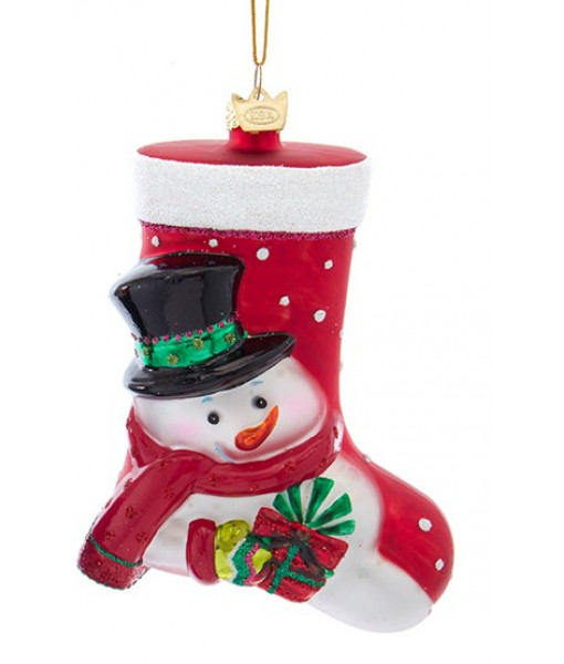 Snowman Red Stocking Glass Ornament