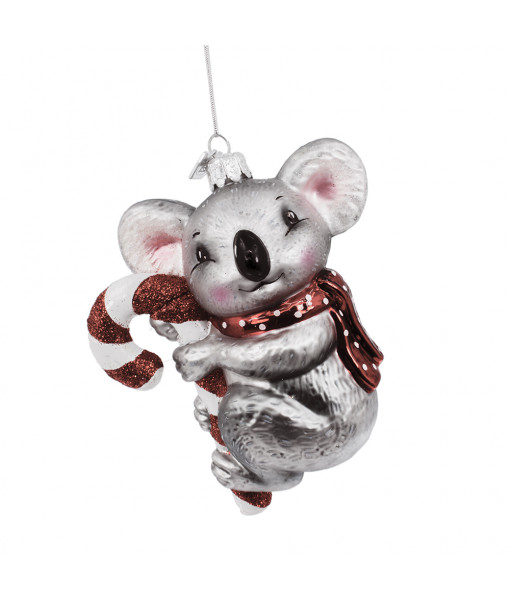 Koala with Candy Cane Glass Ornament