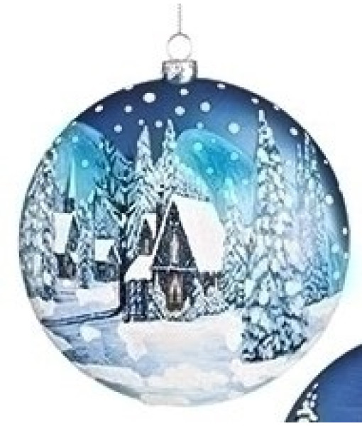 Glass Disk Ornament, Winter Forest and Church scene.