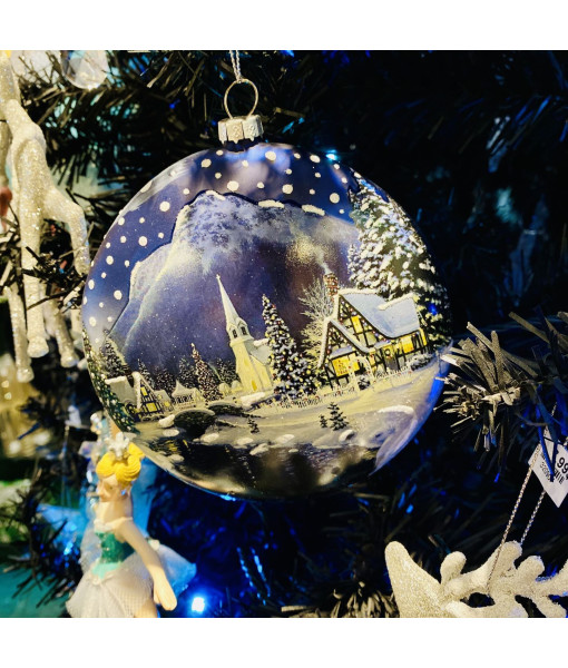 Glass Disk Ornament, Winter Scene with Mountain