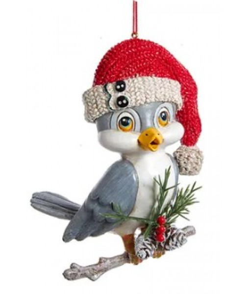 Whimsical Grey Bird with Santa Hat, ornament