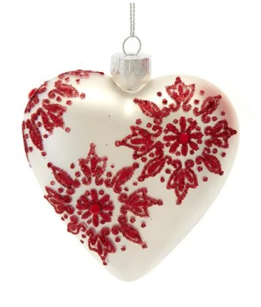 Glass White Heart shaped ornament with red snowflake motif