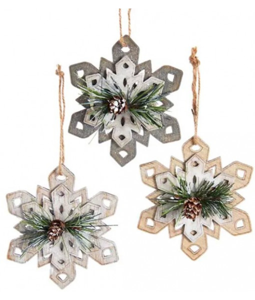Ornament, wooden snowflake in sage and ivory colours