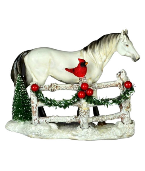 Table piece, White horse by fence, with cardinal and red berries