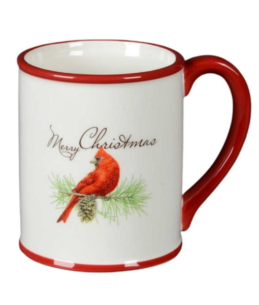 Mug, White and Red with Cardinal Bird design . Made of ceramic.