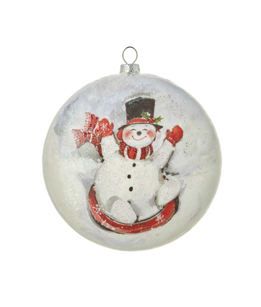 Glass Ball ornament, with smiling playful snowman design