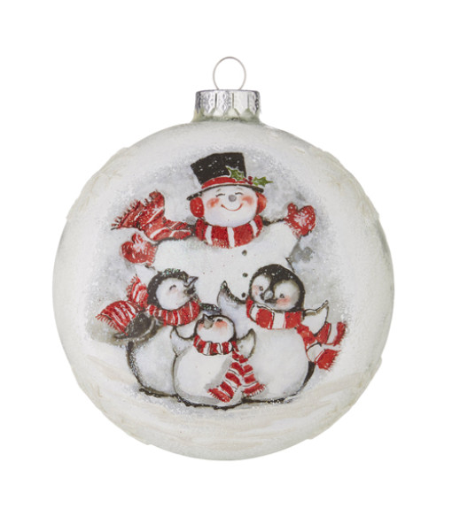 White glass ball ornament, with smiling Snowman and friends